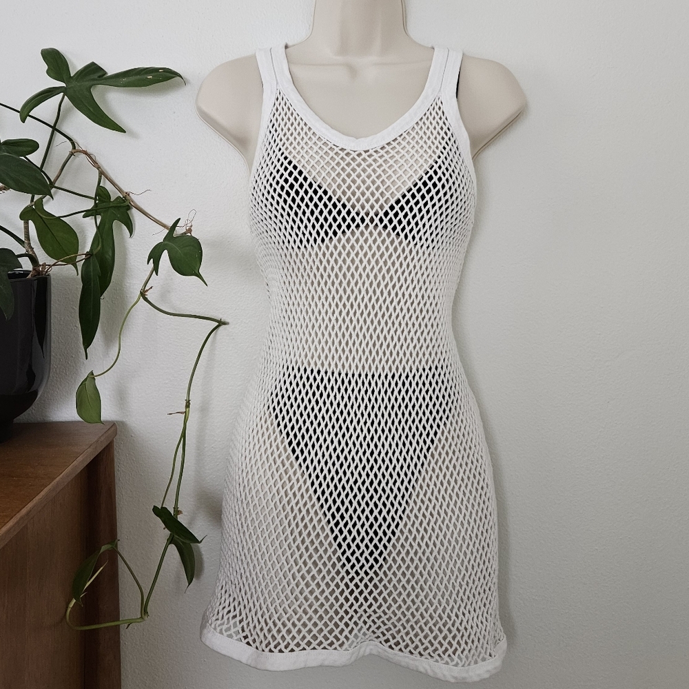vtg net bodycon 90s y2k grunge open knit crochet boho fest coverup mini dress